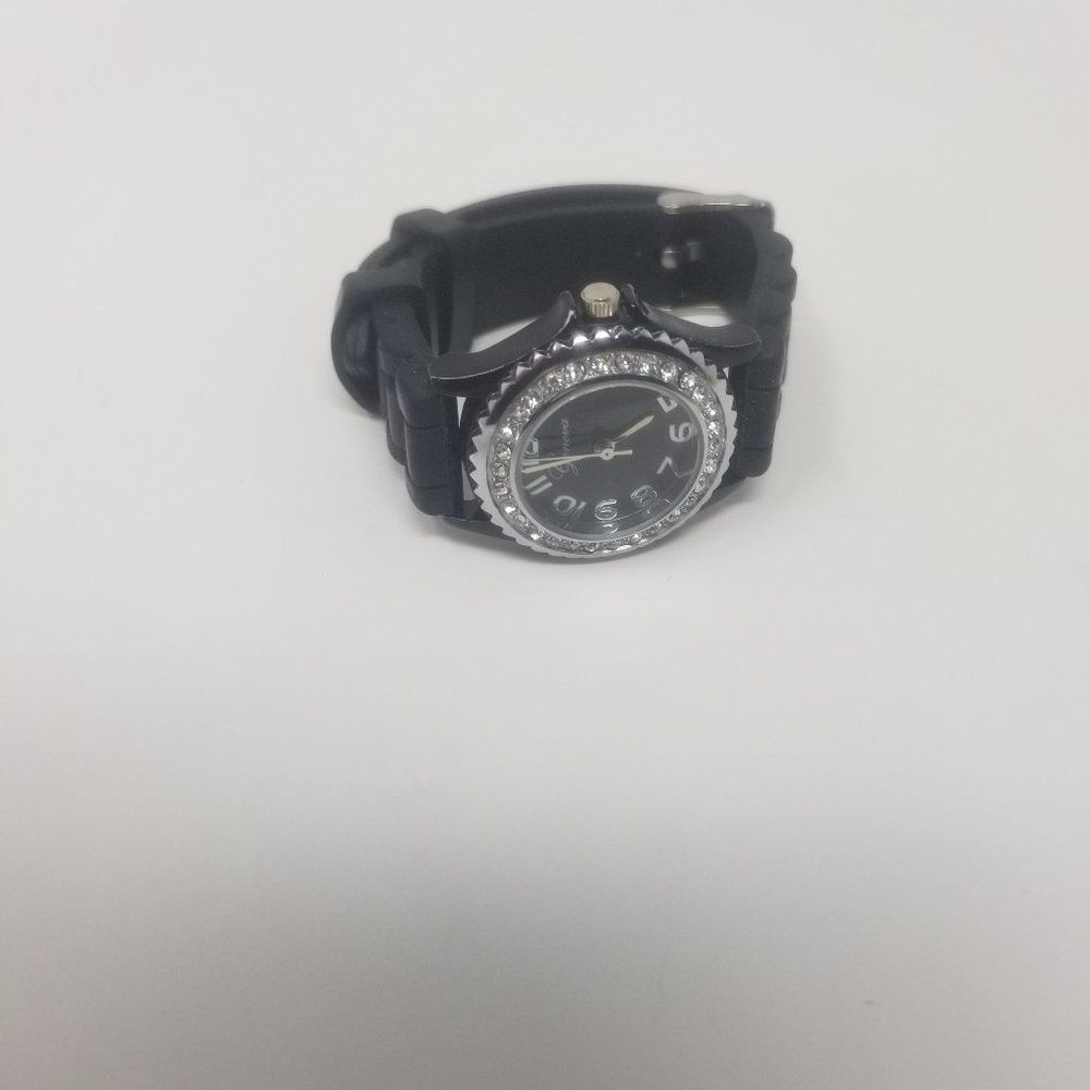 Geneva Black Silicone Adjustable Strap Gemmed Crystal Bezel 10026 Women's Watch